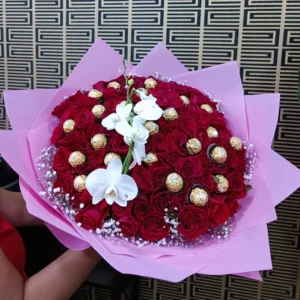 Ramo Premium con Rosas, Orquídeas y chocolates Ferrero Rocher